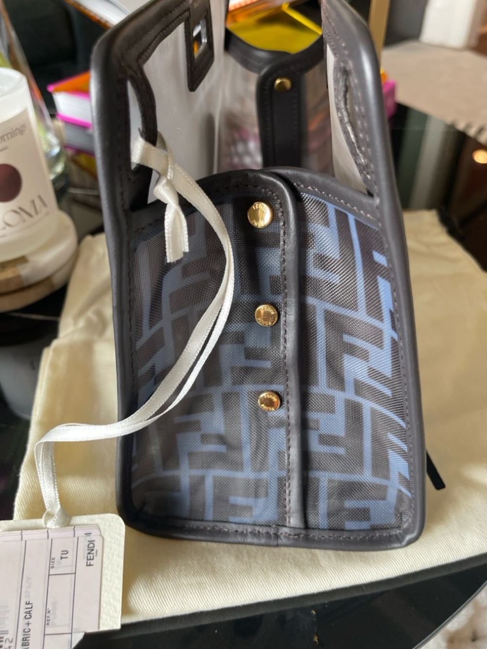 Fendi Peekaboo Defender Cover FF Mesh Azzurro Ebano 7AR717 with Dust Bag & Tag - Picture 4 of 4